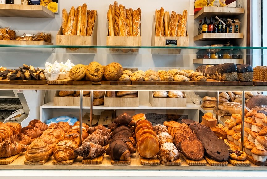 Vitrina con croissants, pan y magdalenas